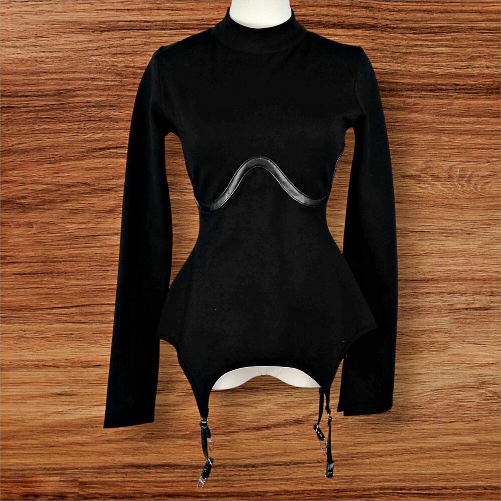 Maniere De Voir Black Garter Suspender Detail Top LARGE Sz 10 Luxury NWT - Picture 3 of 11